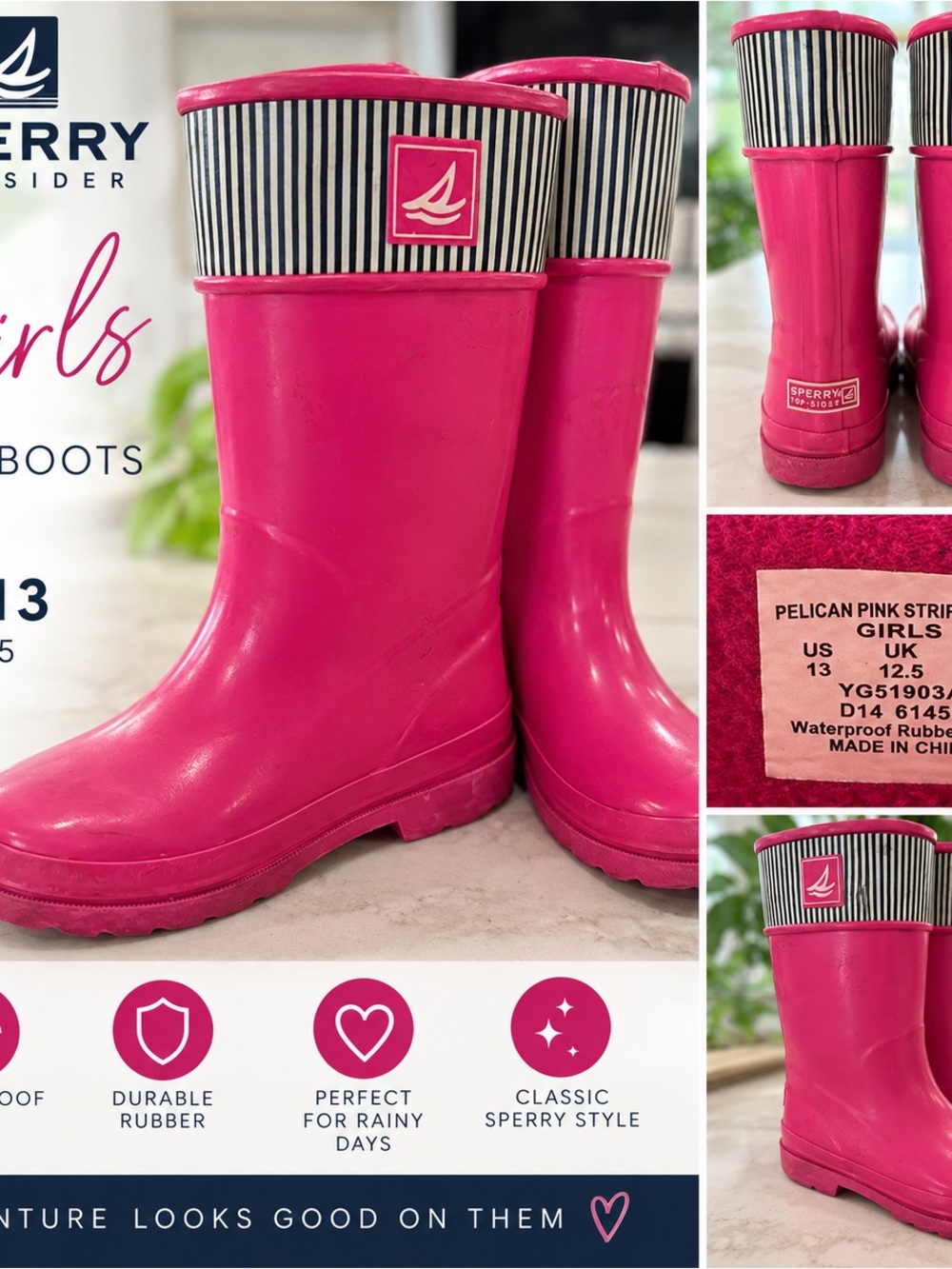 Sperry Girls Hot Pink Waterproof Rain Boots with Striped Cuff